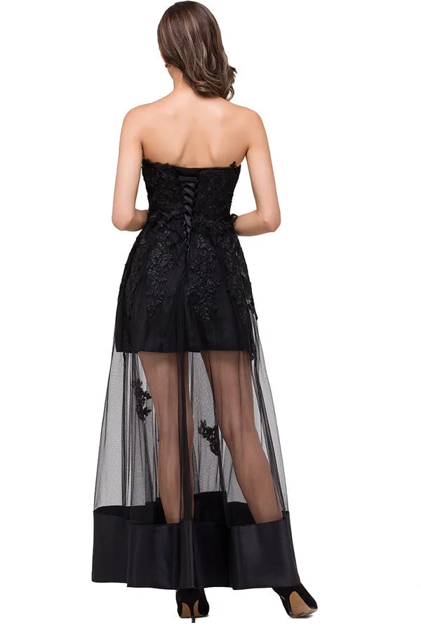 Strapless Knee-length A-line Lace-Up Black Appliques Prom Dresses