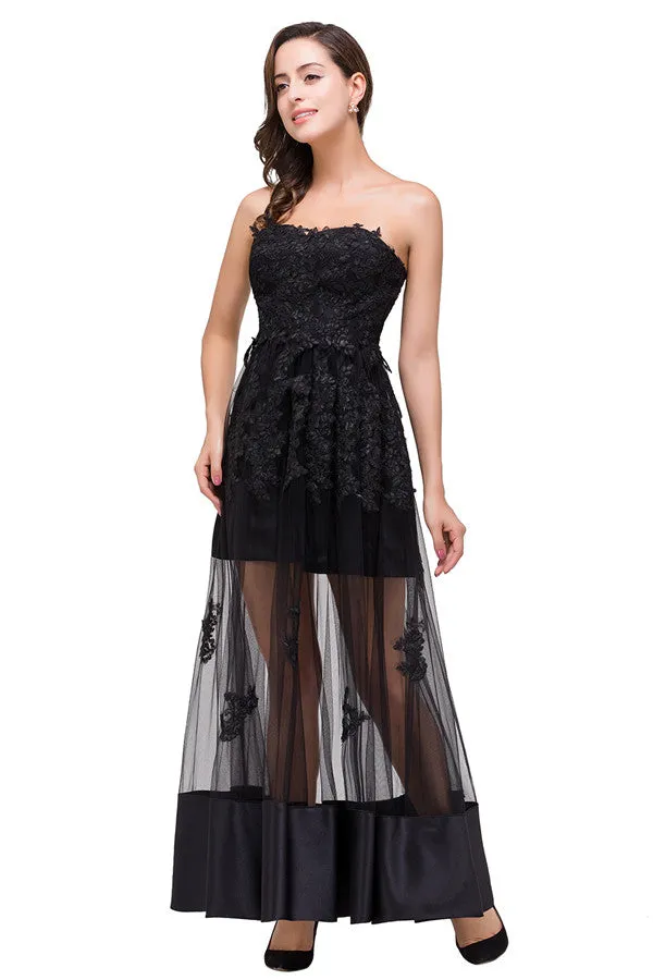 Strapless Knee-length A-line Lace-Up Black Appliques Prom Dresses