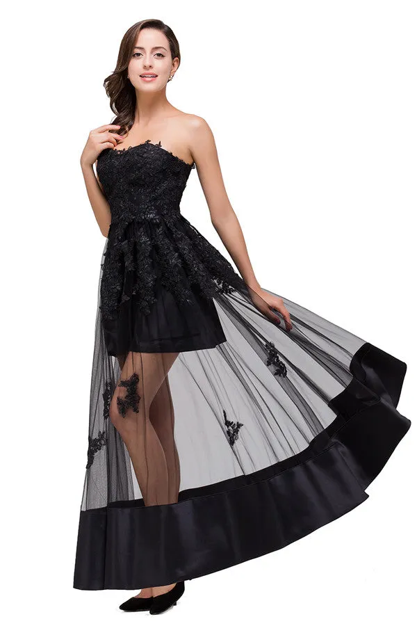 Strapless Knee-length A-line Lace-Up Black Appliques Prom Dresses