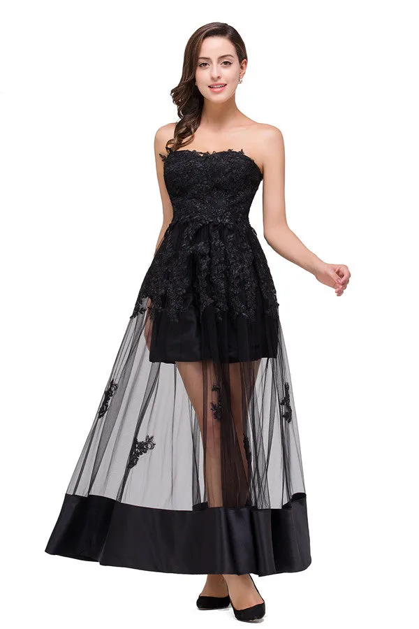 Strapless Knee-length A-line Lace-Up Black Appliques Prom Dresses