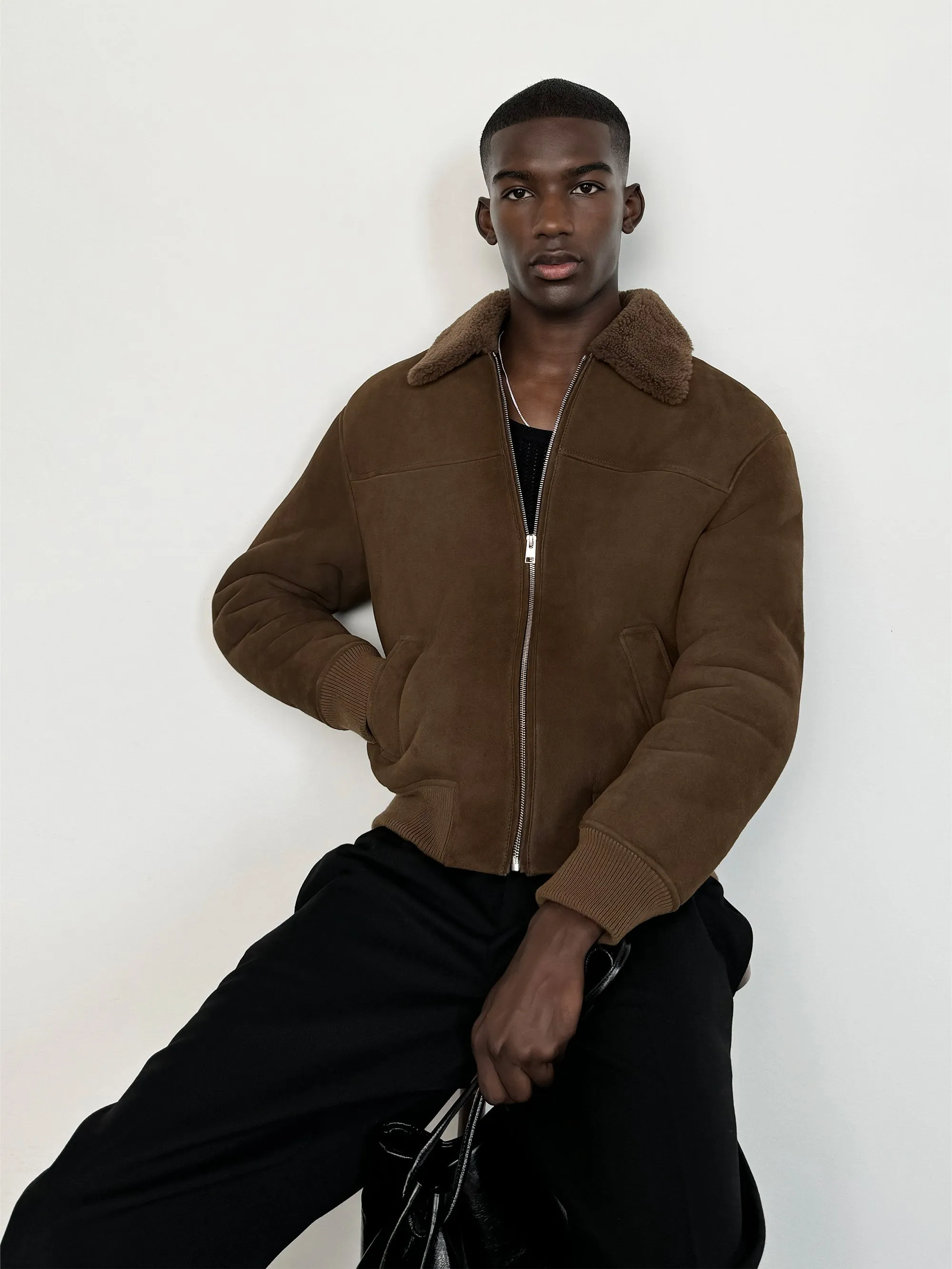 Suede Shearling Bomber -- Dark Camel