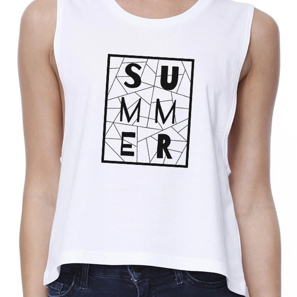 Summer Geometric Lettering Womens White Sleeveless Crop T-Shirt