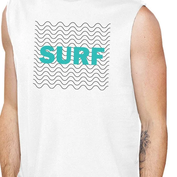 Surf Waves Mens White Muscle Tank Top Cool Sleeveless Summer Top