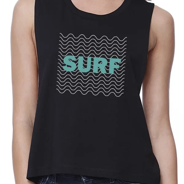 Surf Waves Womens Black Sleeveless Crop Shirt Gifts For Surf Lovers