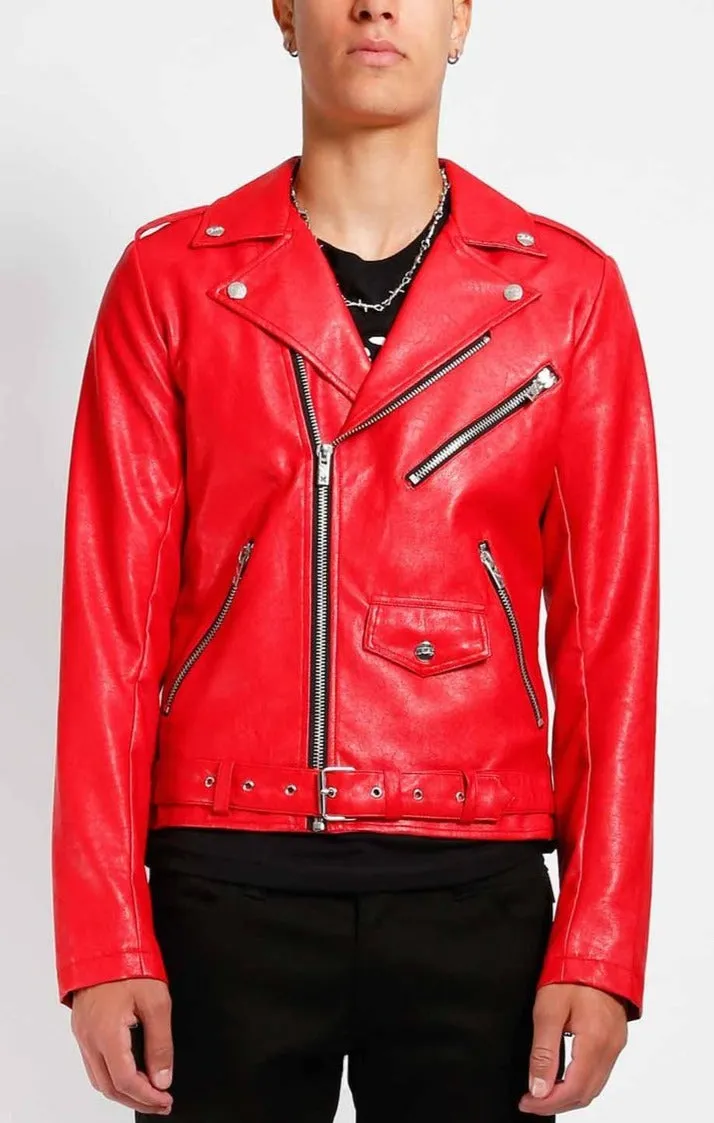 UNISEX Red Vegan Leather Classic Moto Jacket