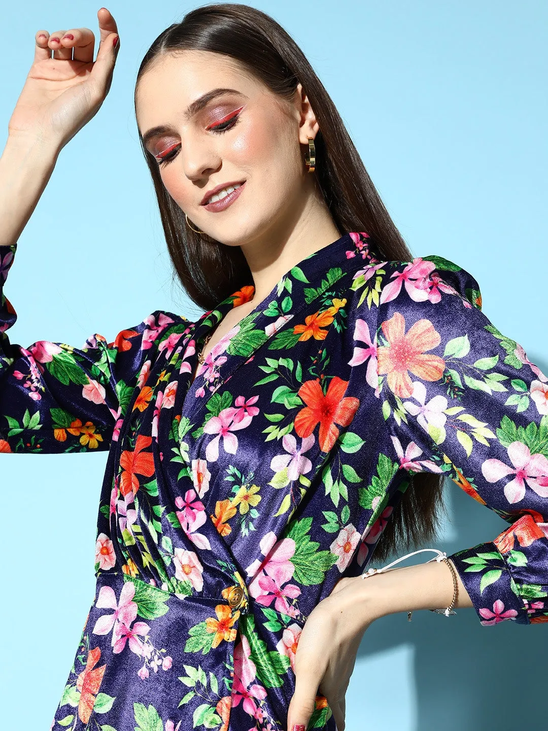 Women Navy Floral Velvet Wrap Top