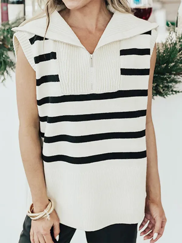 Women Striped Half-Zip Vest Fall Layering