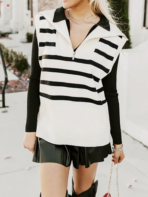 Women Striped Half-Zip Vest Fall Layering