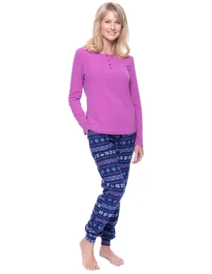 Women's Premium Flannel Jogger Lounge Set - Nordic Snowflakes Blue