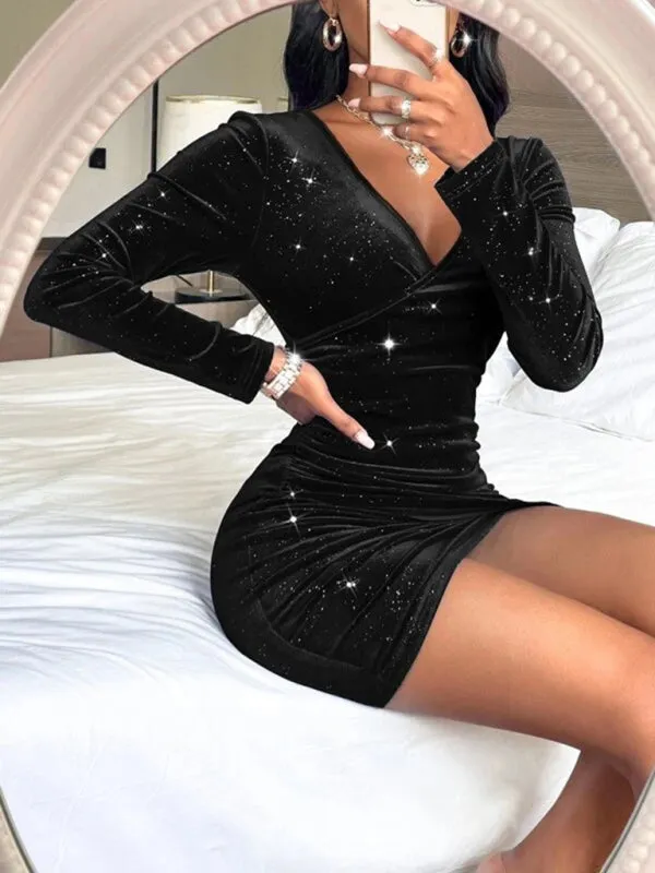 Women's Velvet V-Neck Wrap Bodycon Dress With Long Sleeves