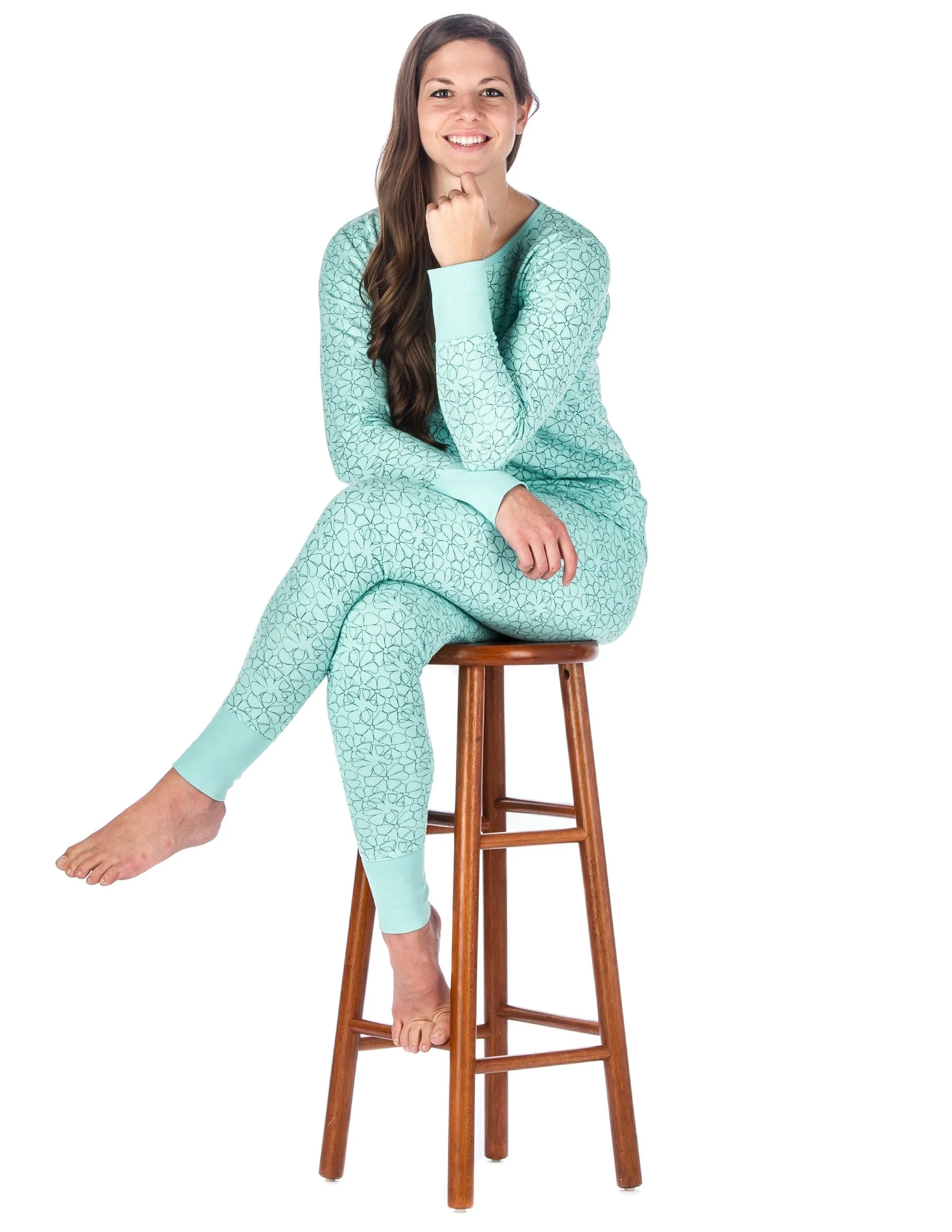 Womens Waffle Knit Thermal Sleep Set - Cute Prints