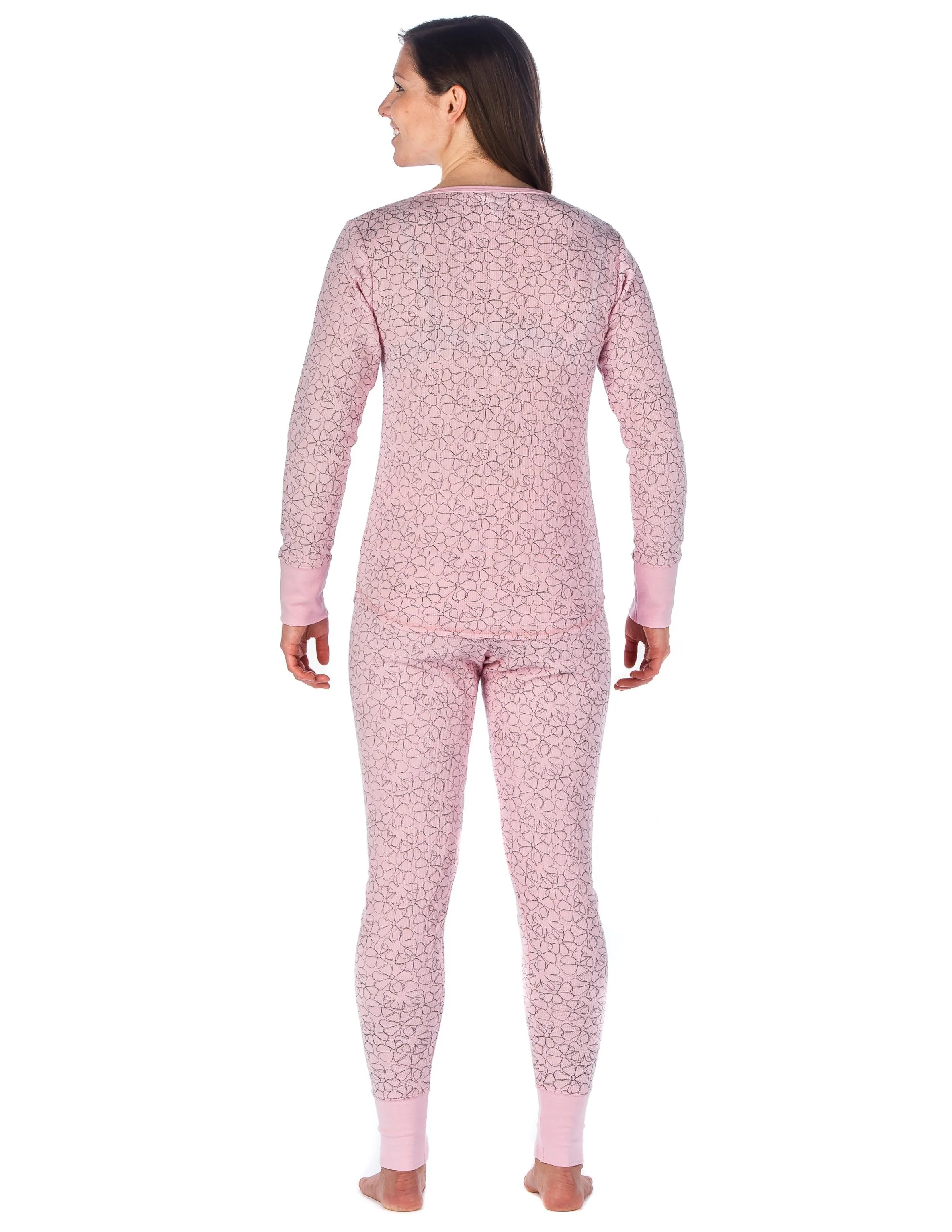 Womens Waffle Knit Thermal Sleep Set - Cute Prints