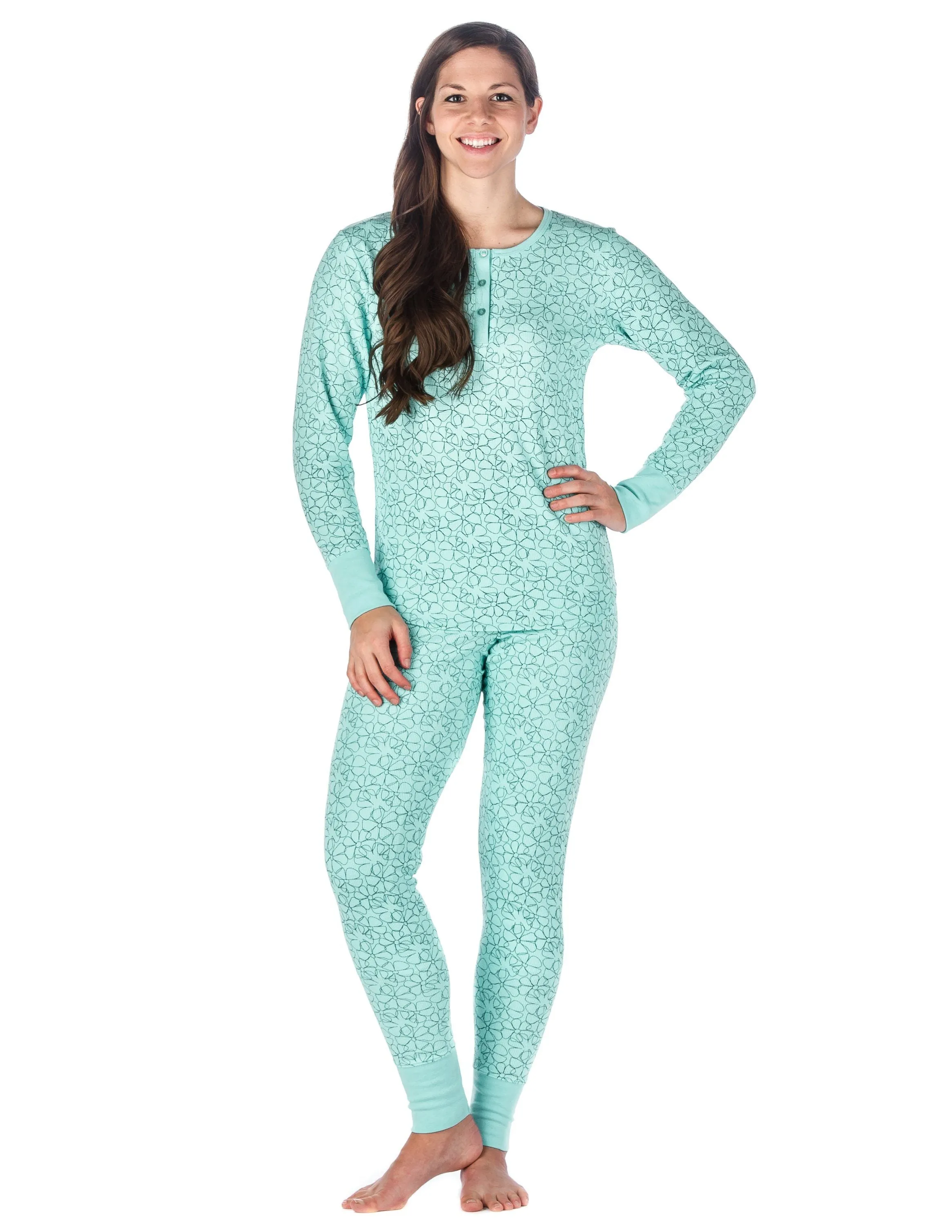 Womens Waffle Knit Thermal Sleep Set - Cute Prints