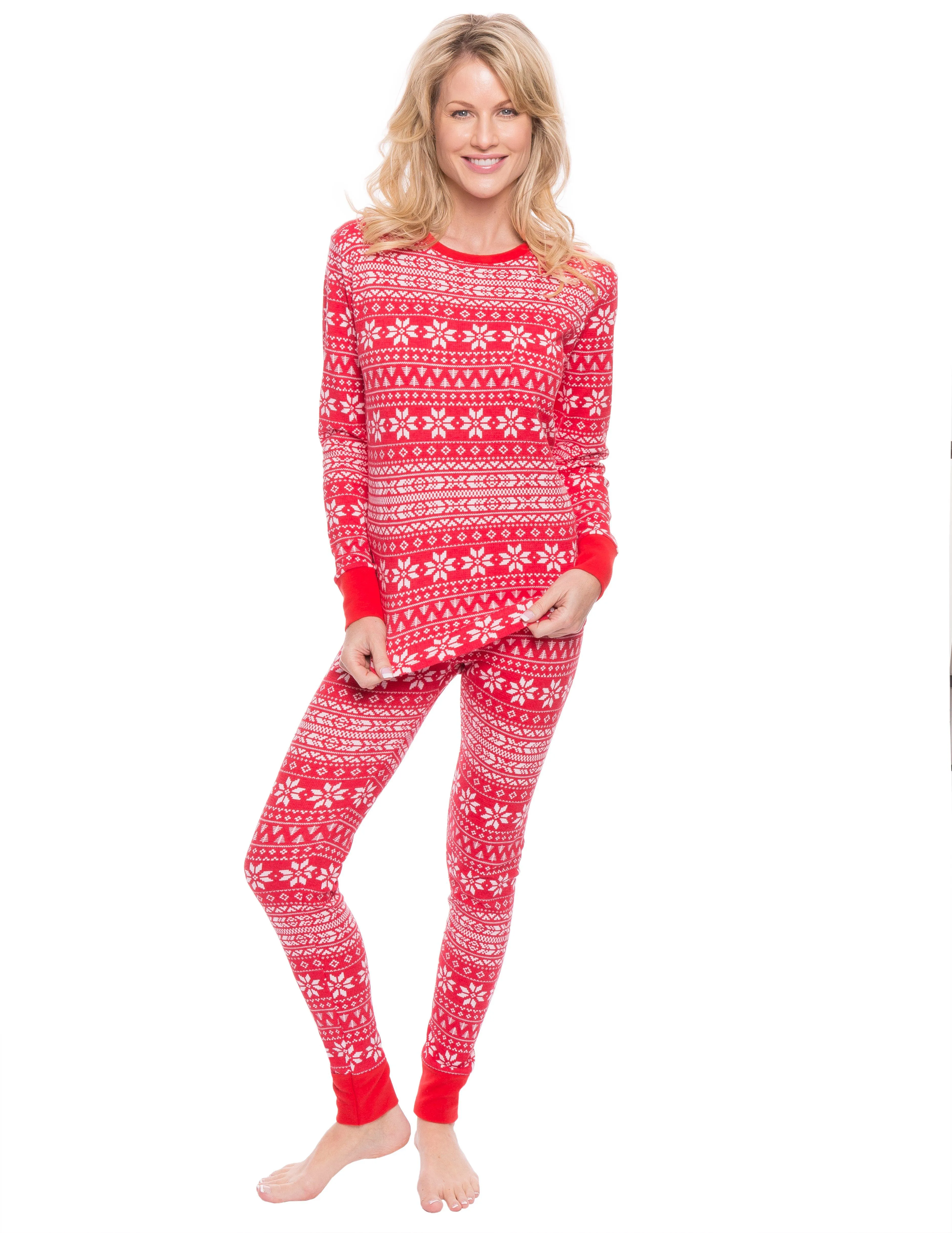 Womens Waffle Knit Thermal Sleep Set - Cute Prints