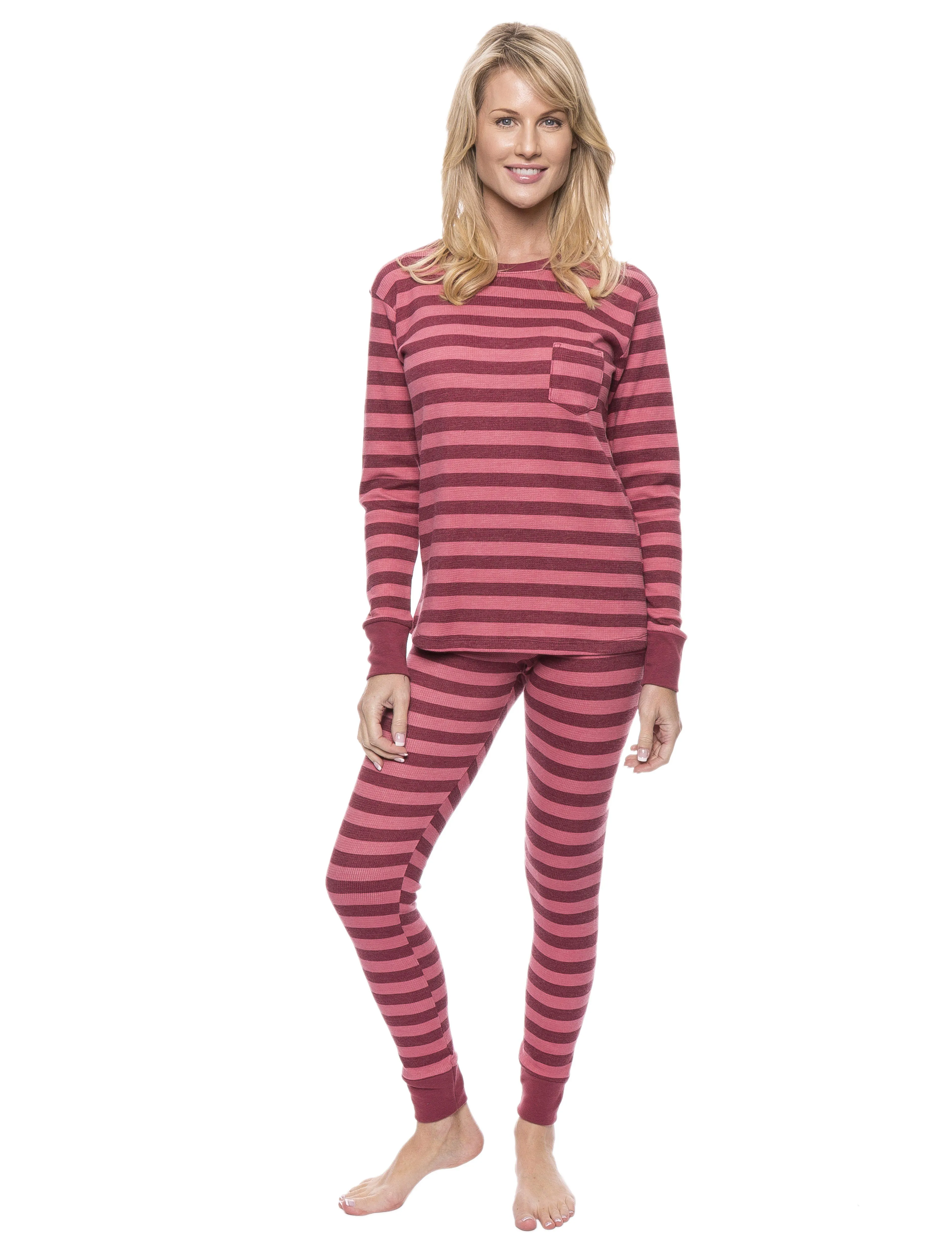 Womens Waffle Knit Thermal Sleep Set - Cute Prints