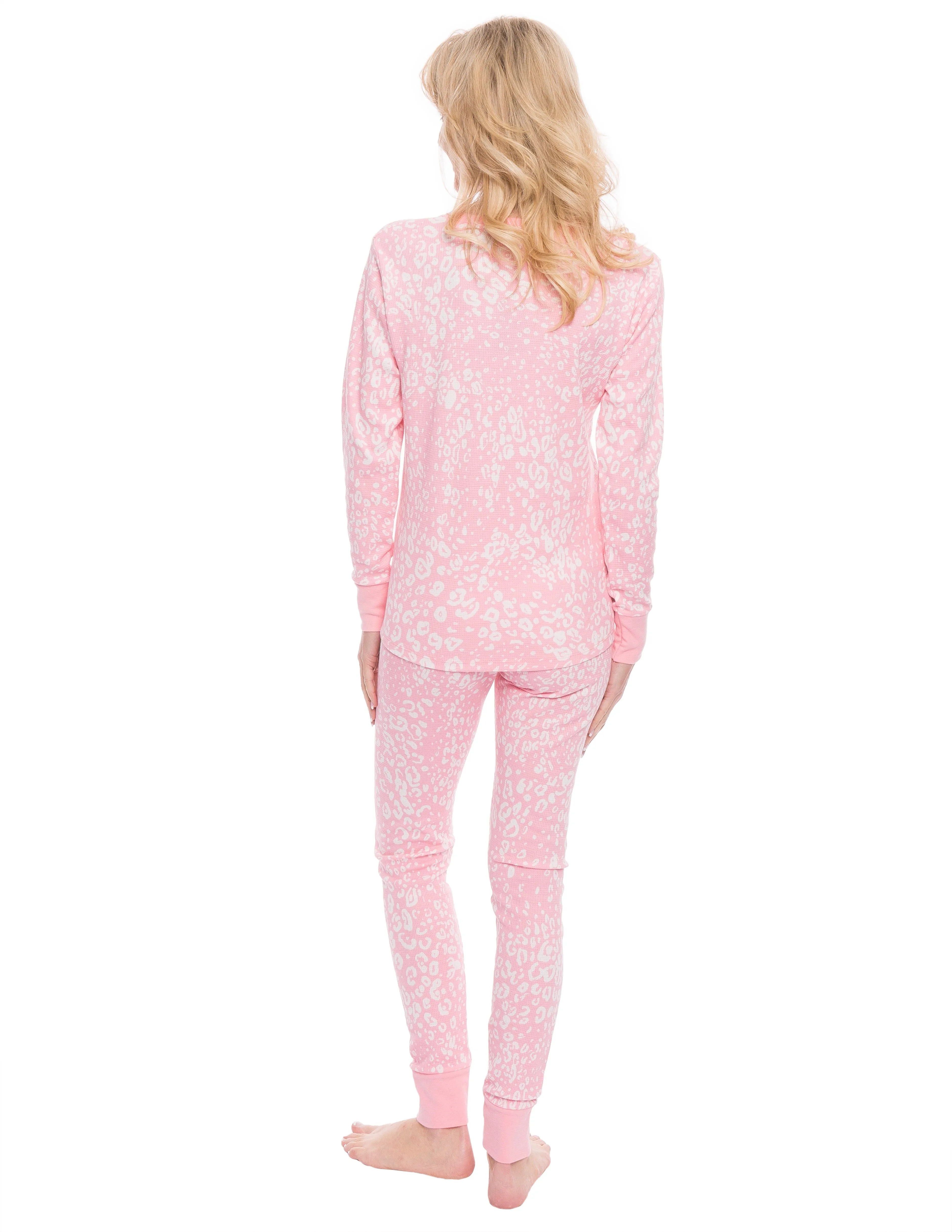 Womens Waffle Knit Thermal Sleep Set - Cute Prints