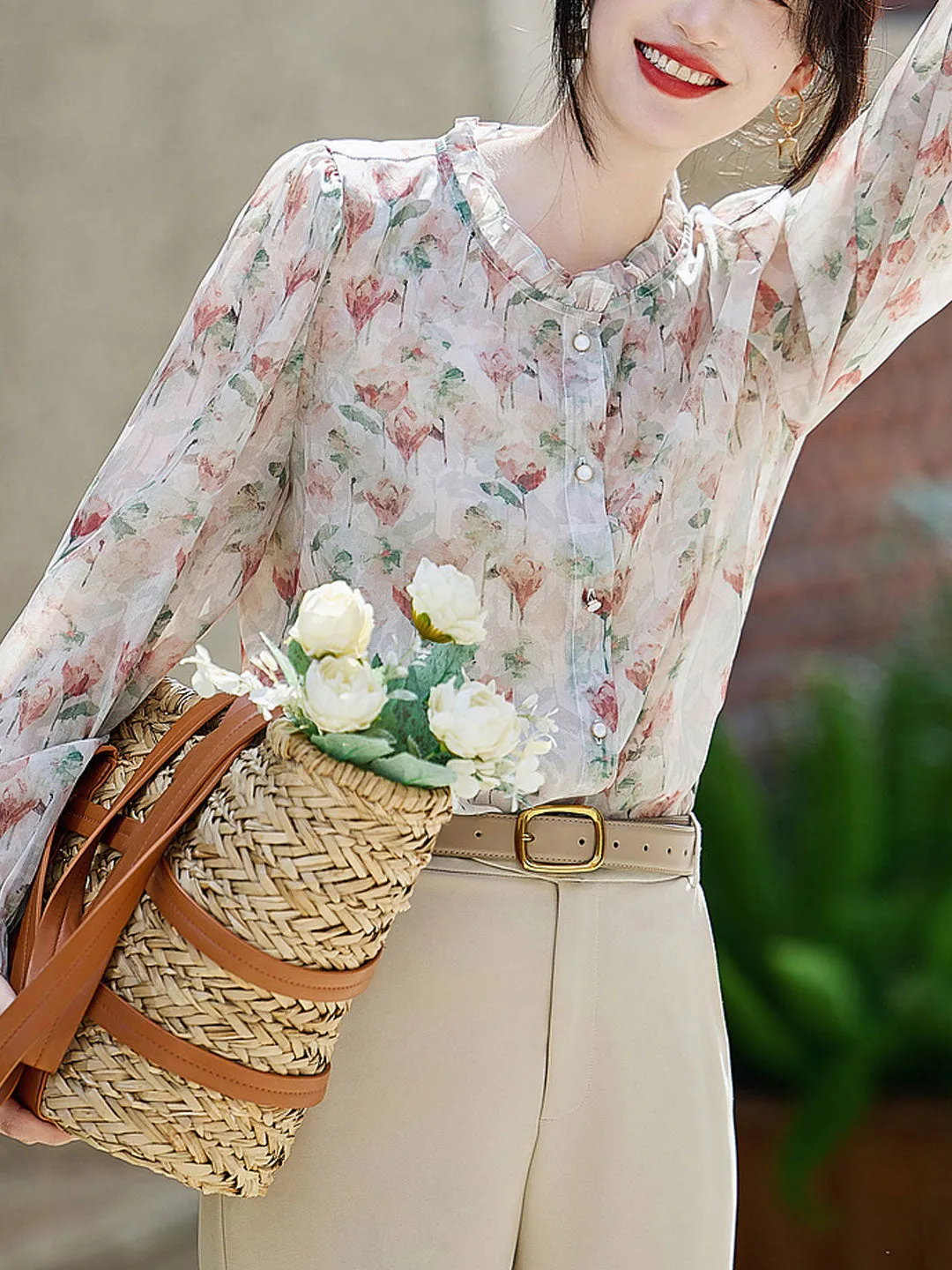 Zoe Classic Floral Ruffled Chiffon Shirt